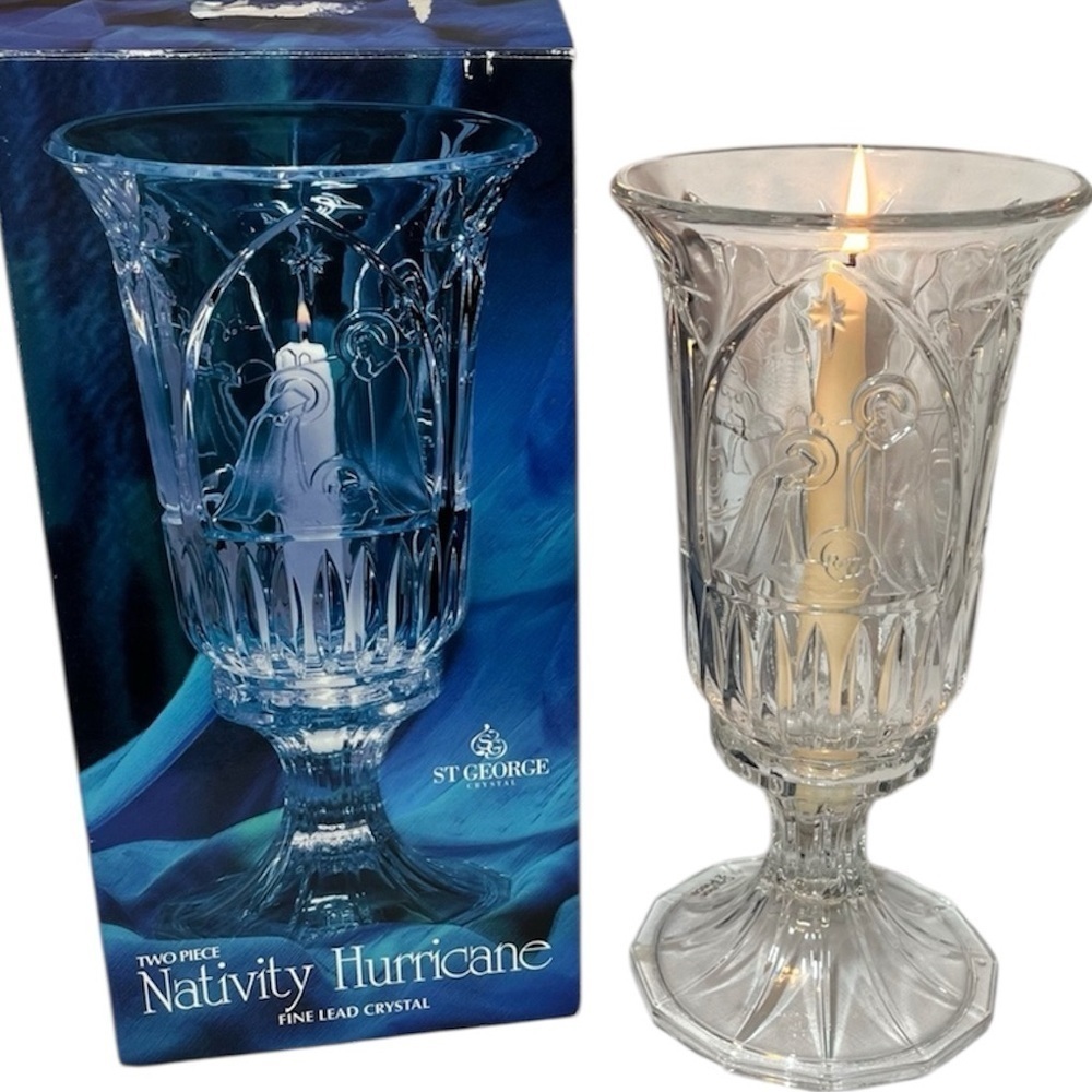 Christmas 24% Lead Crystal Nativity Scene Hurricane Candle Holder. St. George